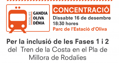 ‘Donem llum al tren’, lema de la concentració convocada a Oliva, el proper dissabte 16 de desembre, per reclamar l’arribada del tren