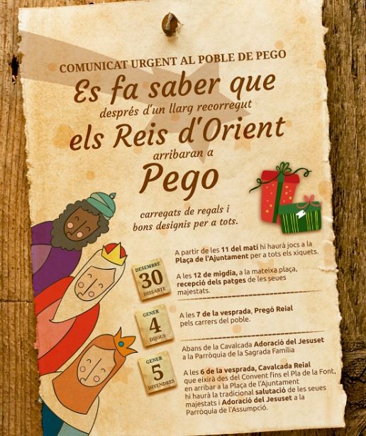 Els Reis d’Orient arribaran a Pego carregats de regals i de bons designis per a tots i per a  totes