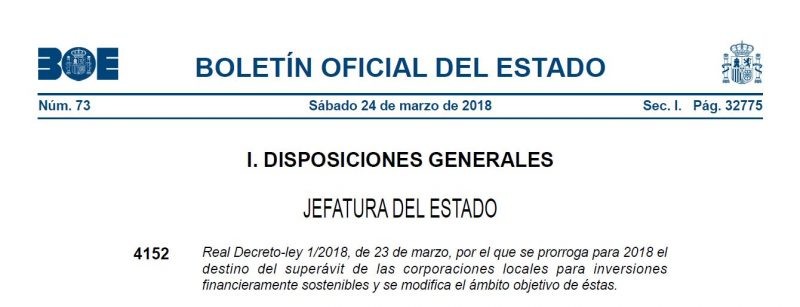 El BOE publica el decret llei que amplia les àrees en què les entitats locals poden invertir el superàvit de 2017