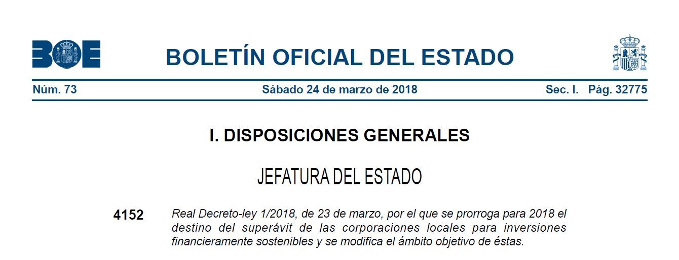 El BOE publica el decret llei que amplia les àrees en què les entitats locals poden invertir el superàvit de 2017
