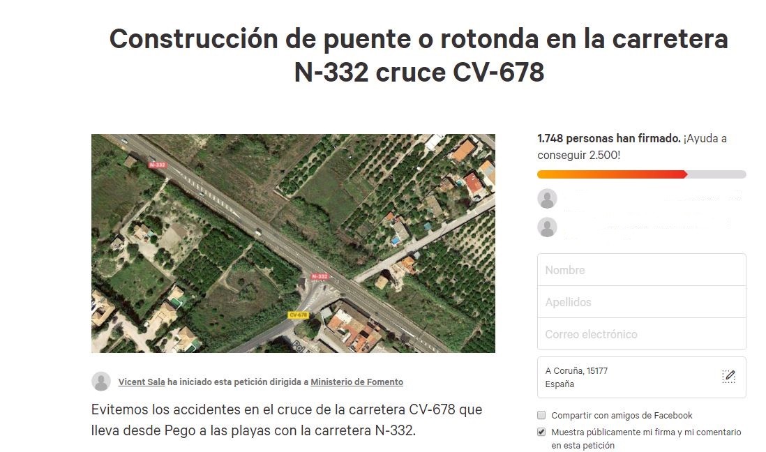 Enceten una campanya de signatures a Change.org perquè el Ministeri de Foment construïsca un pont o una rotonda a l’encreuament de la N-332 i la carretera del mar (CV-678)
