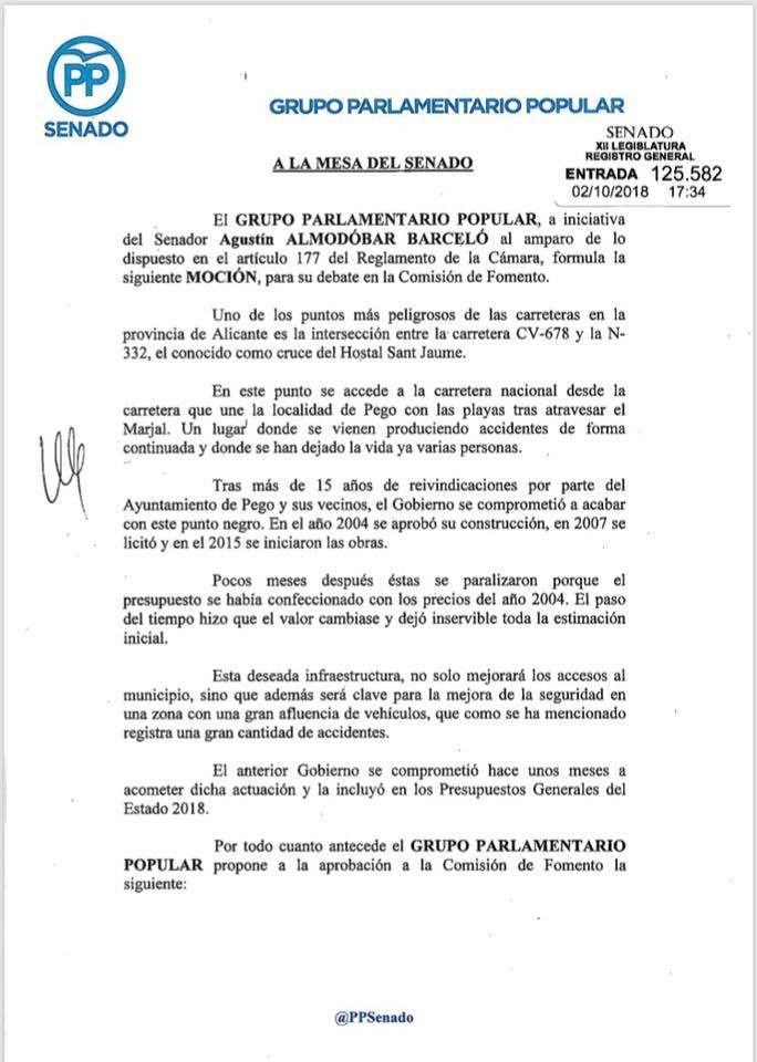 El PP proposa al Senat una moció per exigir al Govern el finançament de la intersecció de la N-332 a Pego
