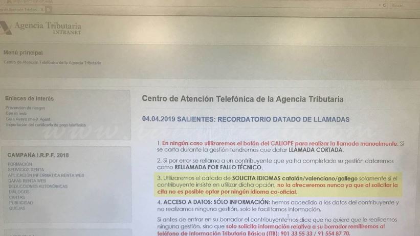 Hisenda ha donat ordre als seus treballadors de no atendre per telèfon en valencià.