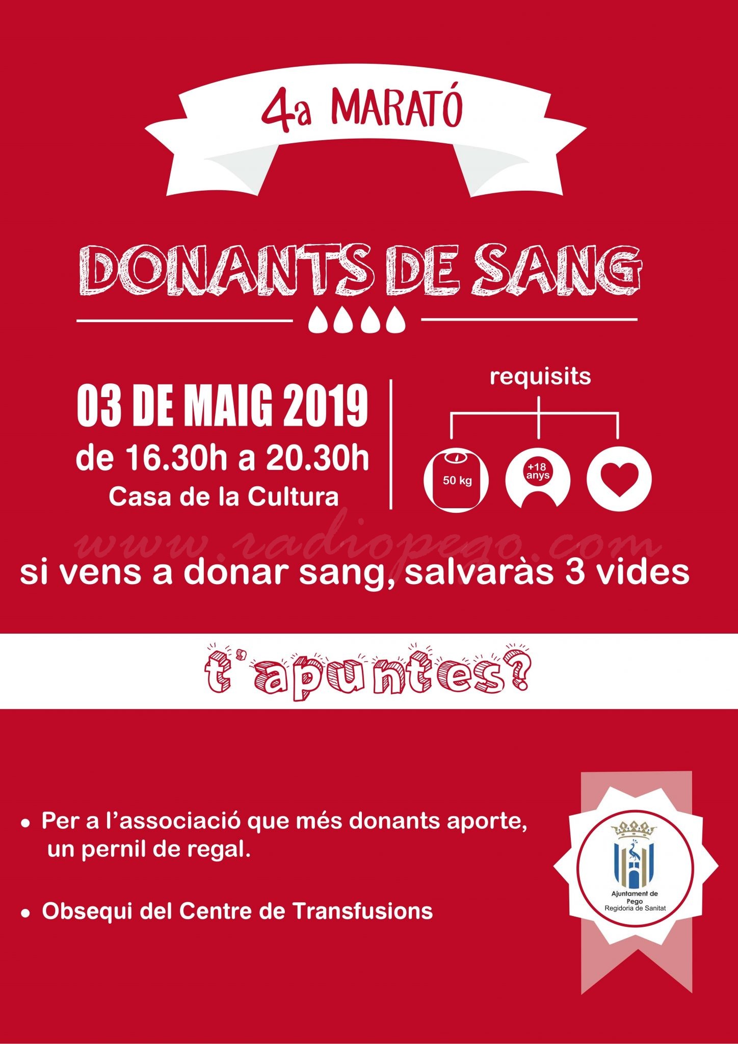 La quarta marató de donació de sang de Pego tindrà lloc demà