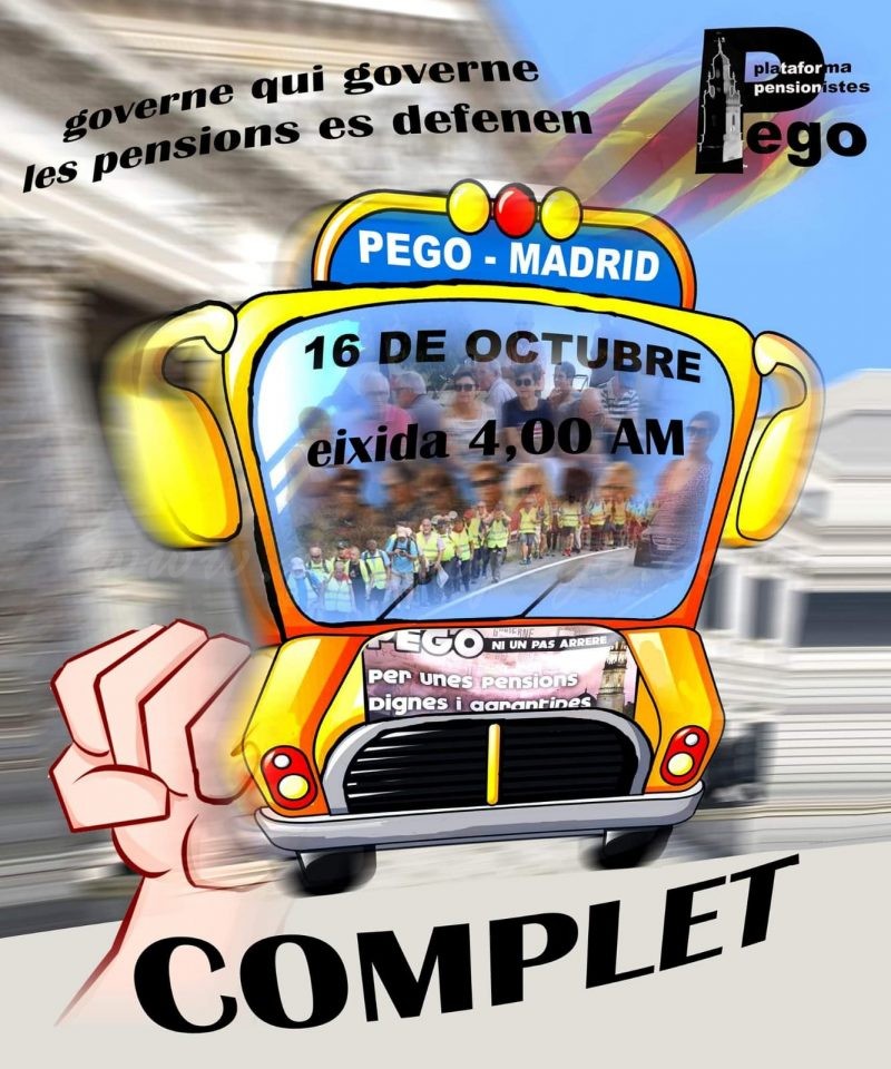 La Plataforma de Pego per unes pensions dignes viatjarà de matinada a la manifestació de Madrid