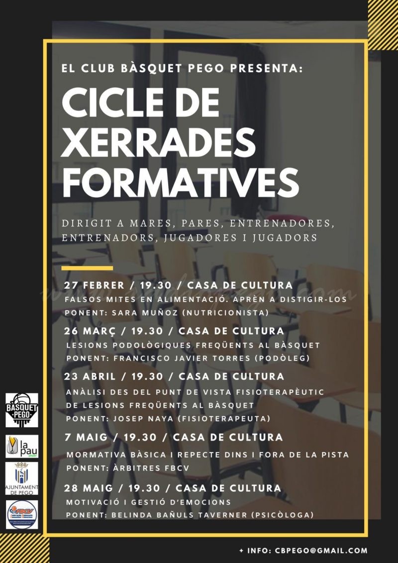 El Club de Bàsquet Pego posarà demà en marxa el cicle de xerrades formatives
