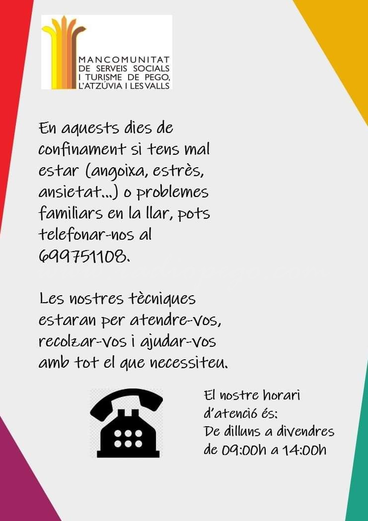 La Mancomunitat de Serveis Socials fereix un servei d’atenció i suport psicològic via telefònica.