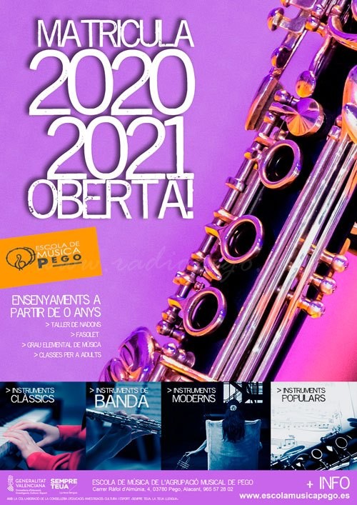 L’Escola de Música de Pego obri termini de matriculació per al curs 2020-2021