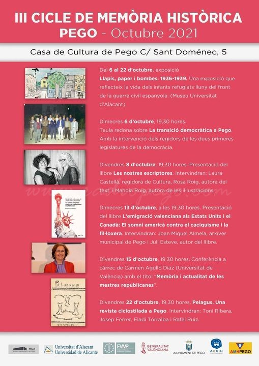 Pego reprén el Cicle de Memòria Històrica al mes d’octubre