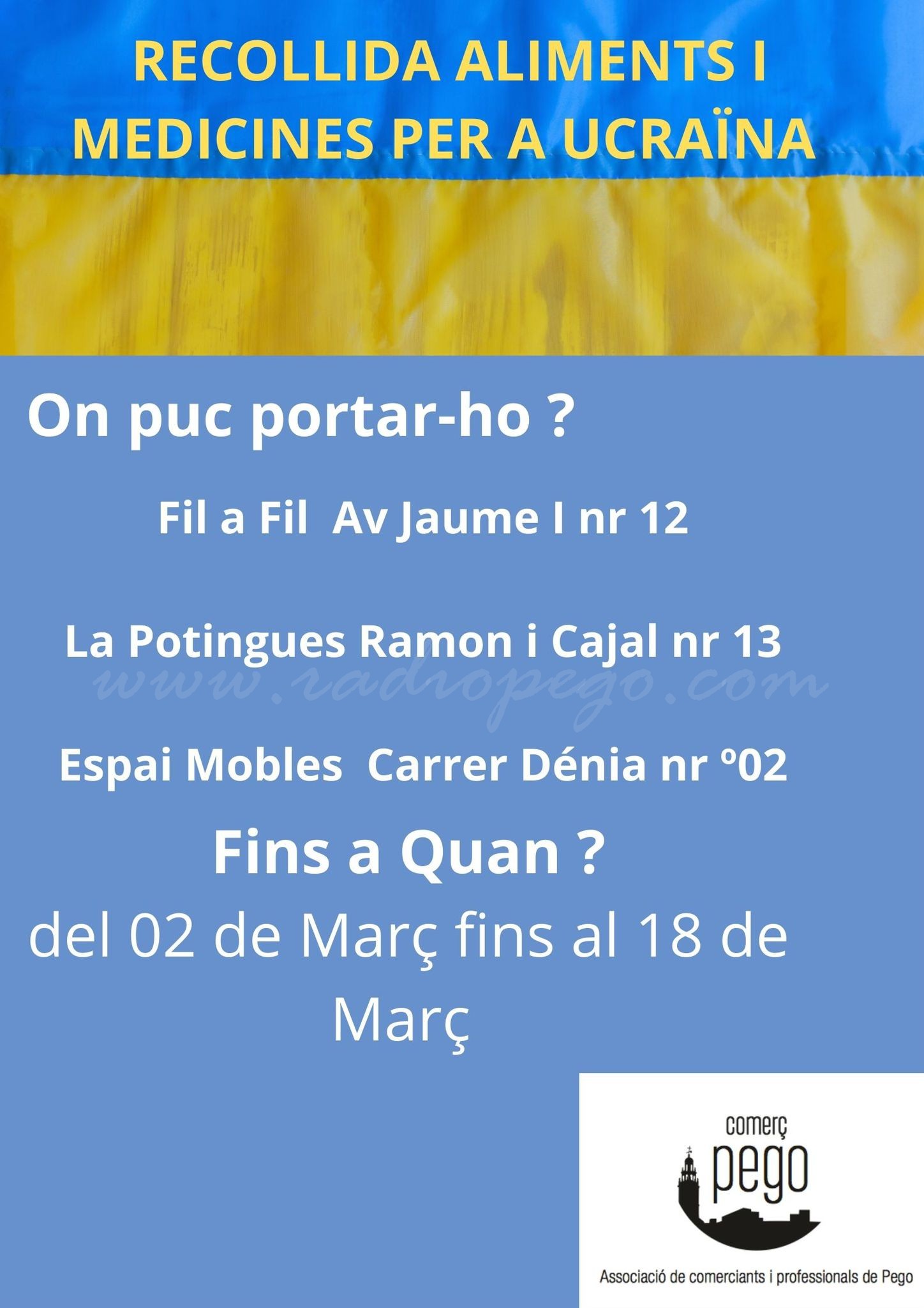 Els comerciants de Pego posen en marxa una recollida solidària d’aliments i medicaments per a Ucraïna