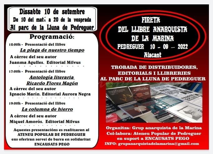 Fireta de llibres anarquistes demà a Pedreguer en col·laboració amb el grup de joves de Pego encausats