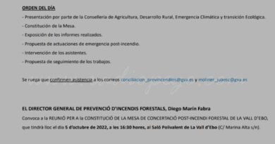 Dimecres es reunirà la Mesa de Concertació Post-incendi Forestal a la Vall d’Ebo
