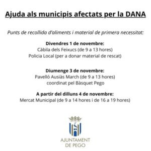 L’Ajuntament de Pego a partir de dilluns habilitarà el Mercat Municipal com a punt de recollida d’ajuda per a les poblacions afectades
