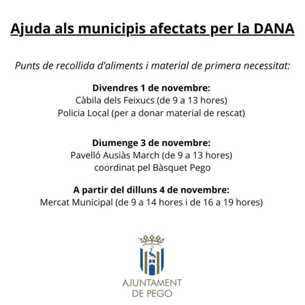 L’Ajuntament de Pego a partir de dilluns habilitarà el Mercat Municipal com a punt de recollida d’ajuda per a les poblacions afectades