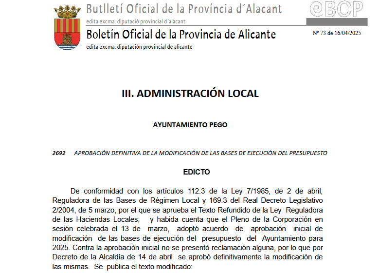S’aprova definitivament la modificació de les bases d’execució del pressupost de Pego S’aprova definitivament la modificació de les bases d’execució del pressupost de Pego
