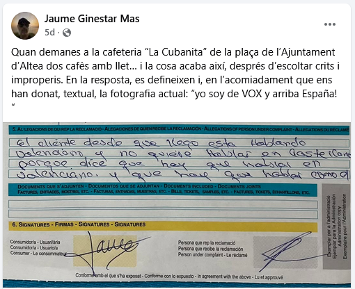 Dos veïns de Pego denuncien discriminació lingüística en una cafeteria d’Altea Dos veïns de Pego denuncien discriminació lingüística en una cafeteria d’Altea