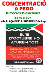 Convocada dimecres a Pego una concentració per Palestina
