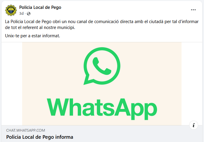 La Policia Local de Pego obri un canal de difusió de whatsapp La Policia Local de Pego obri un canal de difusió de whatsapp